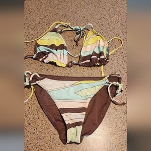 2 piece bikini bathing suite brown with yellow, dust pink and dust blue colors.